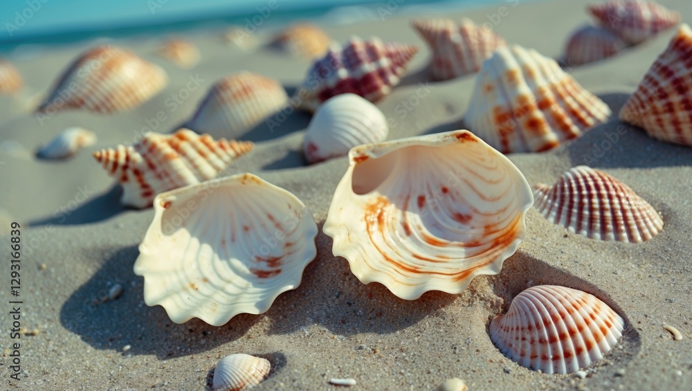 Poster seashells scattered on sandy beach with empty space for text ideal for summer themes and nature back