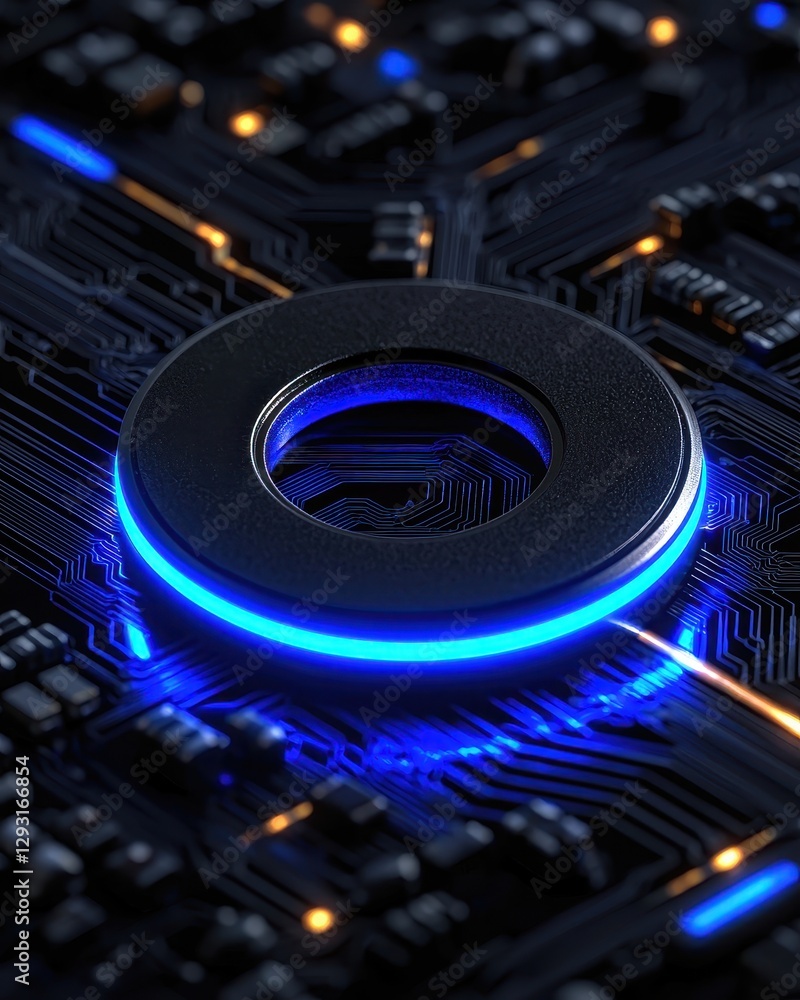 Poster abstract close-up of a glowing circuit board with blue light and intricate patterns.