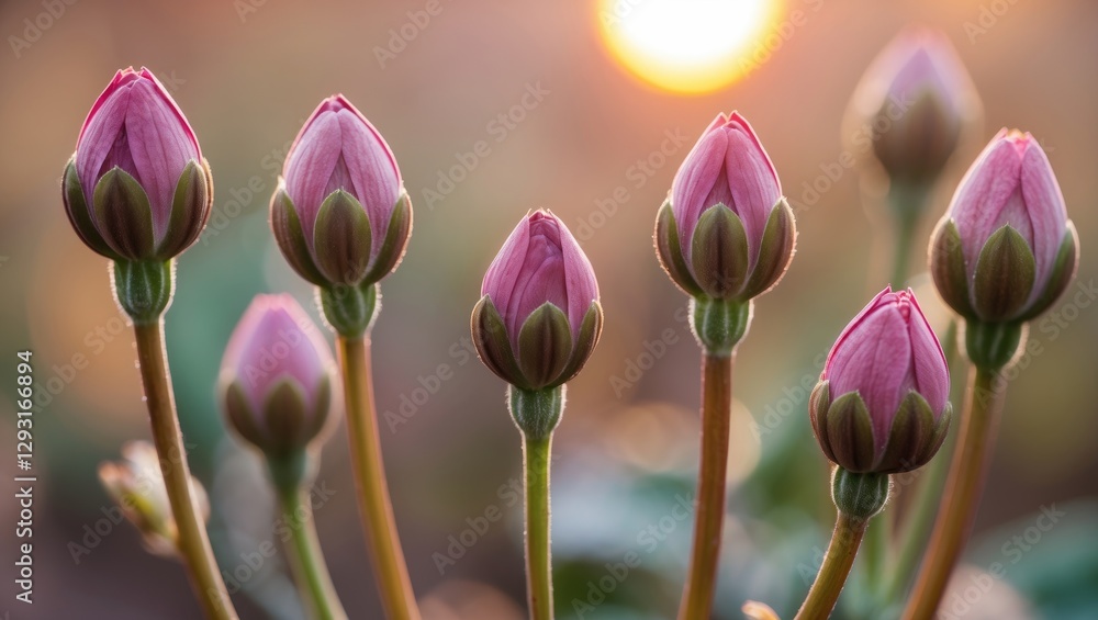 Poster flowers budding in soft warm light at sunset creating a serene and colorful spring atmosphere.