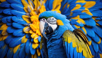 Obraz premium Vibrant blue and yellow Macaw feathers creating a seamless background texture for creative design and artistic projects