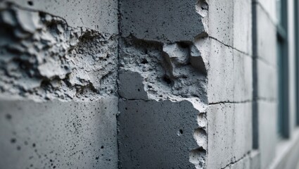Close-up of rough and textured concrete wall corner showcasing irregularities and surface imperfections in urban architecture.