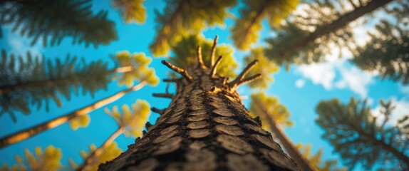 Looking up at a majestic pine tree trunk with a blurred background of bright leaves and clear blue sky, emphasizing nature's beauty.