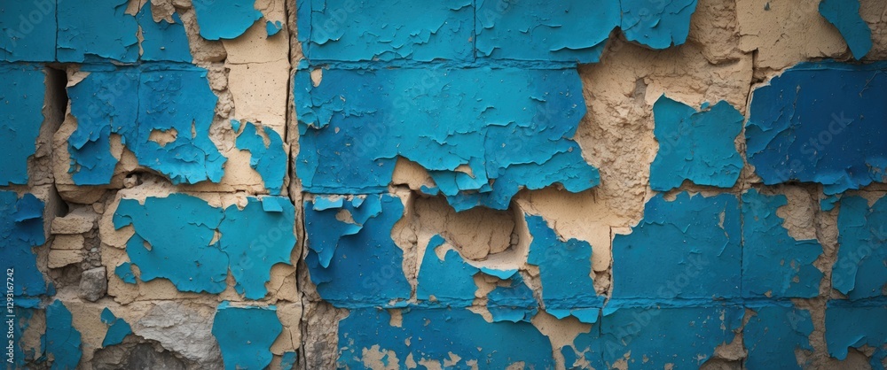 Poster peeling blue paint on an old textured wall creating an abstract background highlighting age and deca