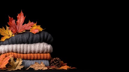 Autumnal sweaters with leaves on black background