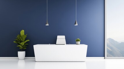 Modern Minimalist Reception Area with Green Plants and Blue Wall