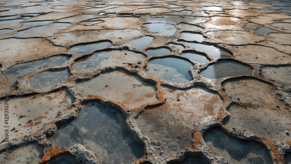 Poster corroded cement floor with unique patterns formed by years of water erosion and rust accumulation, s