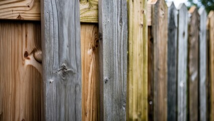 Wooden fence close-up showcasing varied textures and colors of timber planks highlighting natural aged surfaces and craftsmanship.