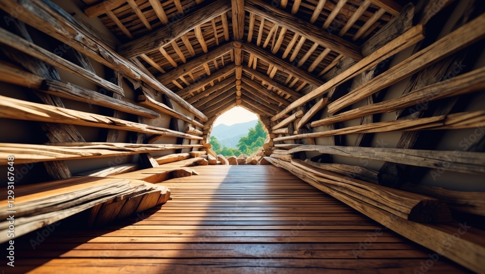Aufkleber rustic wooden architecture with natural light highlighting unique design elements in a serene outdoo