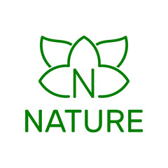 letter N yoga logo template, line art floral icon, green symbol, exercise and fitness classes