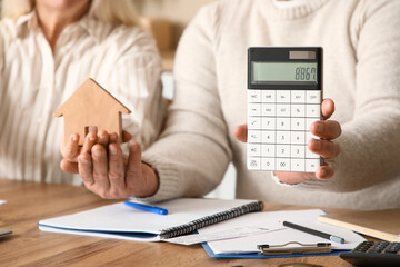 Senior couple with calculator and house figure at table in kitchen, closeup