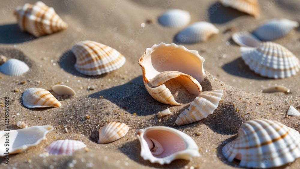Poster seashells and fragments on sandy beach with clear space for text or design elements in a serene coas