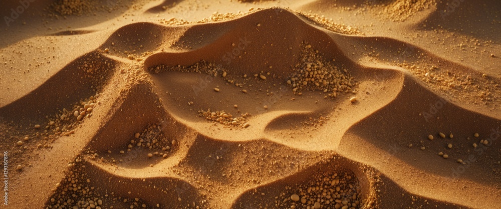 Poster desert sand texture with soft undulating dunes and scattered pebbles captured in warm evening light 