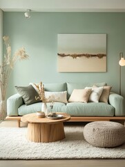 A minimalist modern interior featuring a living room setting
