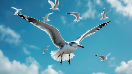 Seagulls Soaring Against a Clear Blue Sky Capturing the Freedom and Grace of Coastal Birdlife in Flight