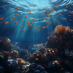 Vivid Coral And Fish Beneath Sparkling Sunlit Ocean Waves