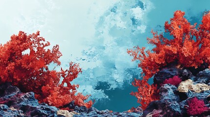 Vibrant Underwater Coral Scene with Bright Red Coral and Clear Blue Water