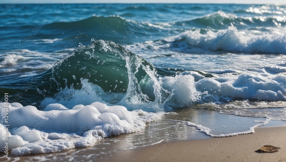 Poster ocean waves crashing on a sandy beach creating foam in the sunlight with a tranquil blue sea in the 
