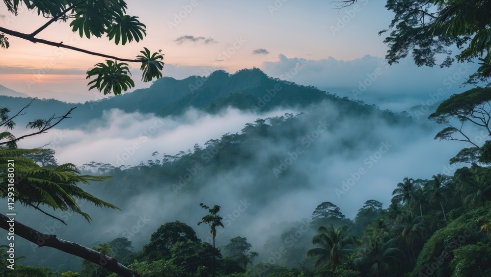 Poster misty mountains in morning light with tropical rainforest and tree branches in foreground ideal for 