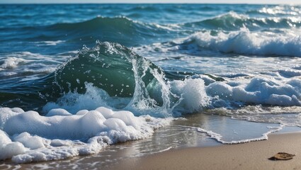 Ocean waves crashing on a sandy beach creating foam in the sunlight with a tranquil blue sea in the background.