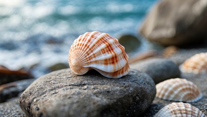Seashell Resting On A Smooth Stone With Ocean Waves In Background Demonstrating Coastal Serenity And Natural Beauty