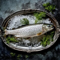 Fresh trout on ice ready for cooking. This image features a polished silver platter with the fish and green herbs for garnish. Ideal for culinary use and food photography. AI