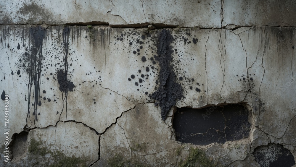 Poster abandoned wall surface showing water stains black mold and cracks creating a distressed texture suit