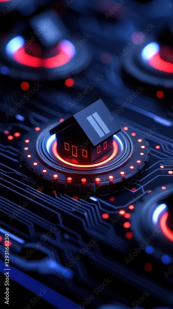 Poster abstract digital representation of a house on a futuristic circuit board.