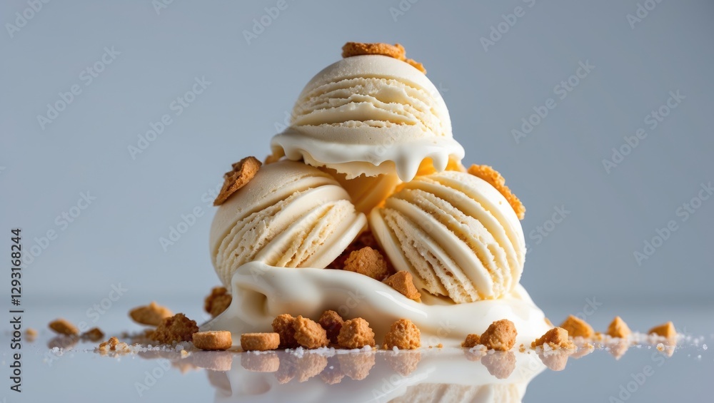 Aufkleber scoop of macaroon ice cream topped with crunchy biscuit pieces on a reflective surface with ample sp