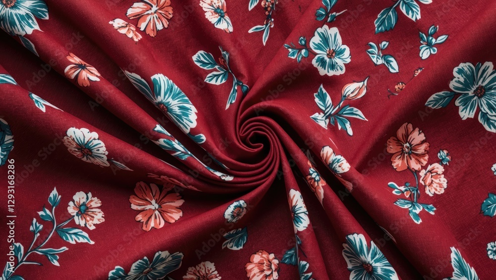 Poster floral patterned cotton fabric in ruby red with vibrant flowers creating a rich textile design ideal