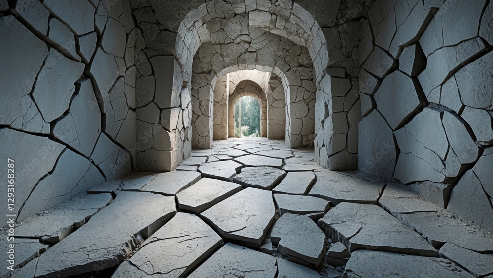 Poster cracked wall and floor create intricate patterns in an abandoned architectural hallway with a hint o