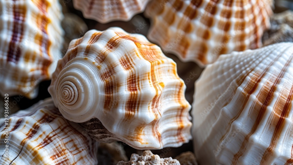 Poster detailed close-up of various sea shells showcasing intricate patterns and textures in natural coasta