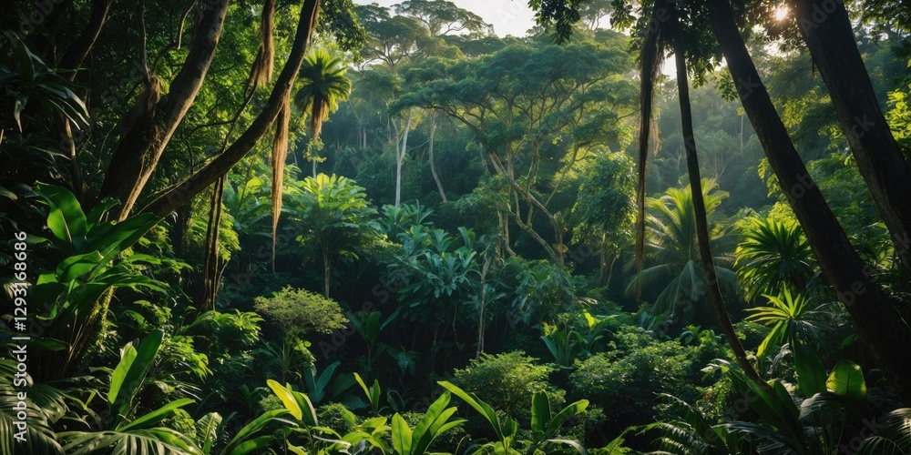 Poster lush tropical rainforest with dense vegetation and sunlight filtering through tall trees creating a 