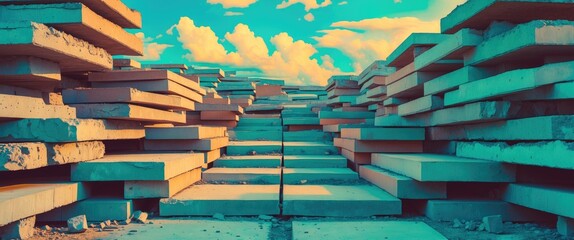 Concrete slabs neatly stacked in layers against a vivid sky showcasing construction materials and industrial aesthetic in an urban setting.