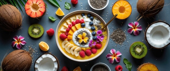 Fototapeta premium Tropical Smoothie Bowl With Assorted Fruits Flowers Chia Seeds Coconut And Copy Space For Healthy Breakfast Promotion