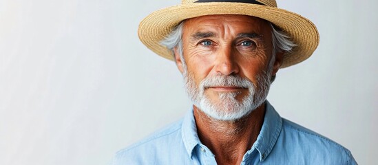 A serene portrait of an elderly man in a straw hat, perfect for Father's Day promotions, retirement celebrations, or lifestyle blogs highlighting wisdom and calmness.