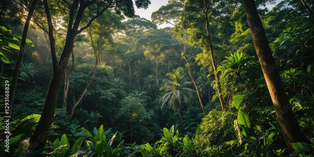 Canvas Prints lush green tropical rainforest with sunlight filtering through dense foliage creating a serene and v