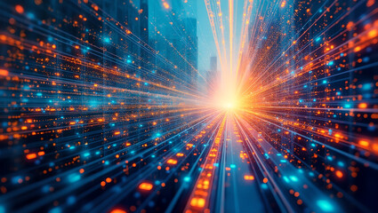 Fototapeta premium Digital City: An abstract depiction of a futuristic cityscape pulsating with data streams, rendered in vibrant orange and blue hues, with a central point of radiant light. 
