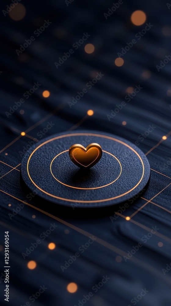 Poster abstract heart design on a dark background with glowing elements and circles.