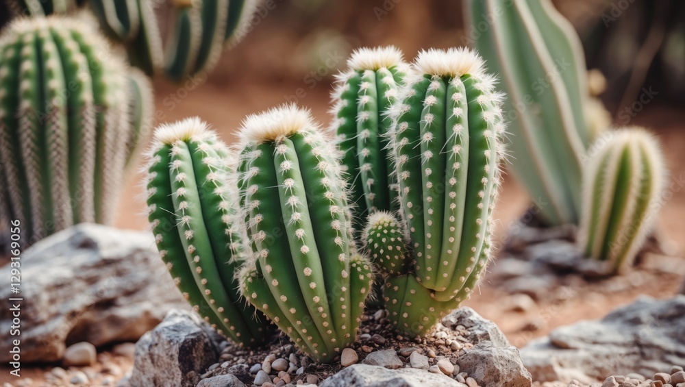 Poster vibrant mandacaru cactus group with distinctive spines in natural desert setting featuring copy spac