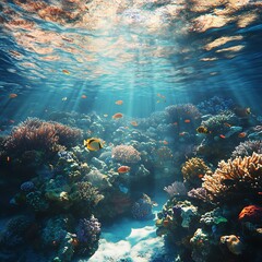 Bright Coral And Fish Shimmering Under Sunlit Ocean Sky