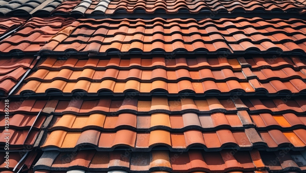 Poster textured rooftop with colorful clay tiles in various shades of red and orange creating a visually ap