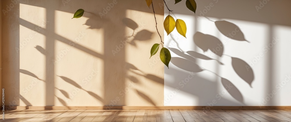 Poster beige and white interior backdrop with leaf shadows for product display and text insertion in photog