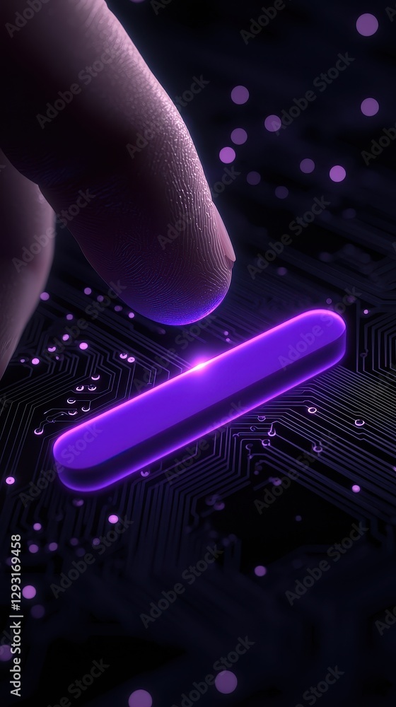 Poster abstract image of a finger touching a glowing purple object on a circuit board.