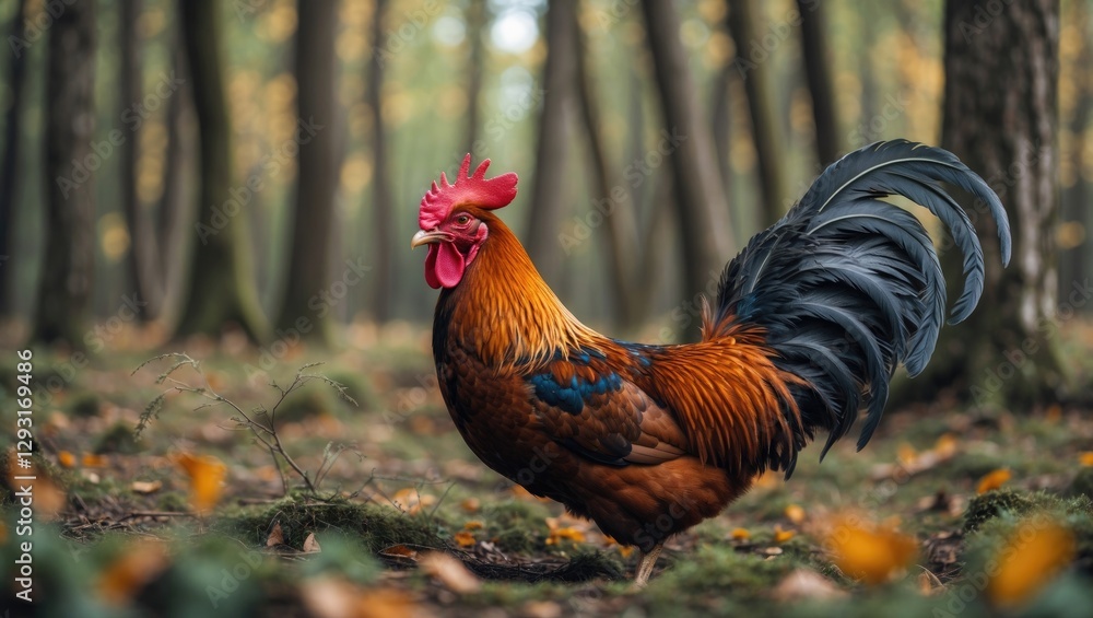 Poster majestic rooster crowing in a serene forest setting with lush foliage and clear space for text overl