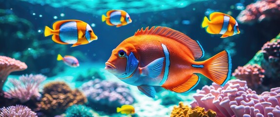 Fototapeta premium Vibrant underwater scene featuring coral reefs and colorful tropical fish in a crystal-clear ocean environment.