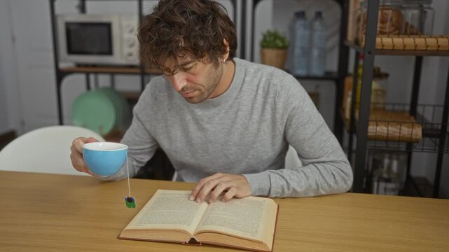 Young man reading book in kitchen while drinking tea, surrounded by modern kitchenware, kitchen, indoors, thoughtful expression, casual attire, focused on page, cozy atmosphere.