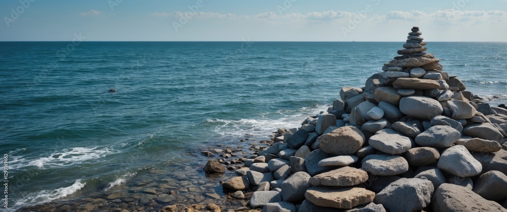 Poster tranquil seascape featuring a stone pyramid formation against a calm ocean backdrop with ample space