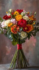 Bright Floral Bouquet Featuring Roses and Sunflowers in Vibrant Colors