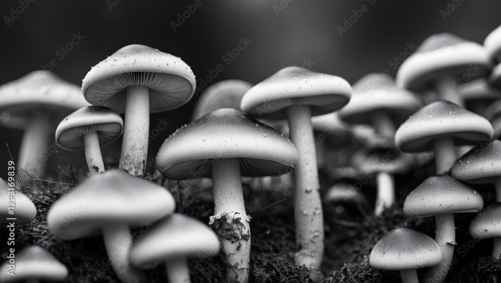 Poster close-up black and white photograph of clustered mushrooms showcasing intricate textures and natural