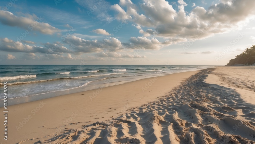 Aufkleber calm sandy beach scene with gentle waves and dramatic clouds providing ample space for text or graph
